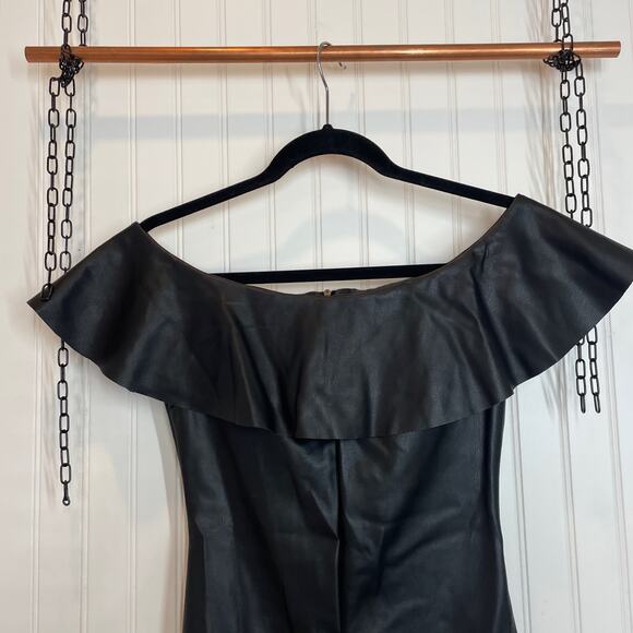 Mango Black Vegan Leather Off the Shoulder Ruffle Mini Bodycon Dress Size S - Picture 3 of 9
